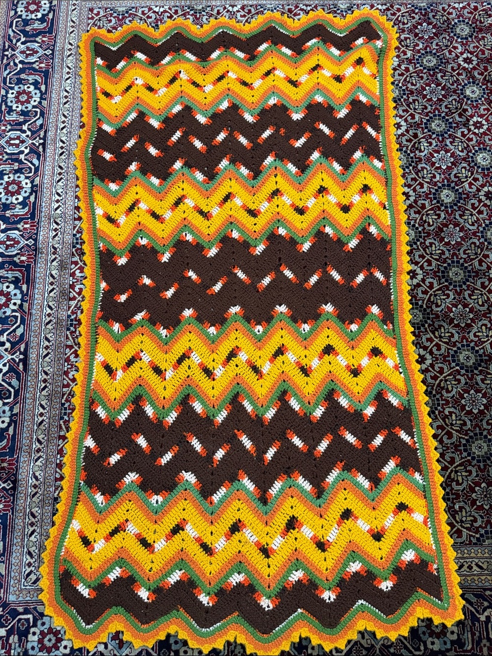 Handmade Zigzag Crochet Throw Blanket in Brown and Yellow